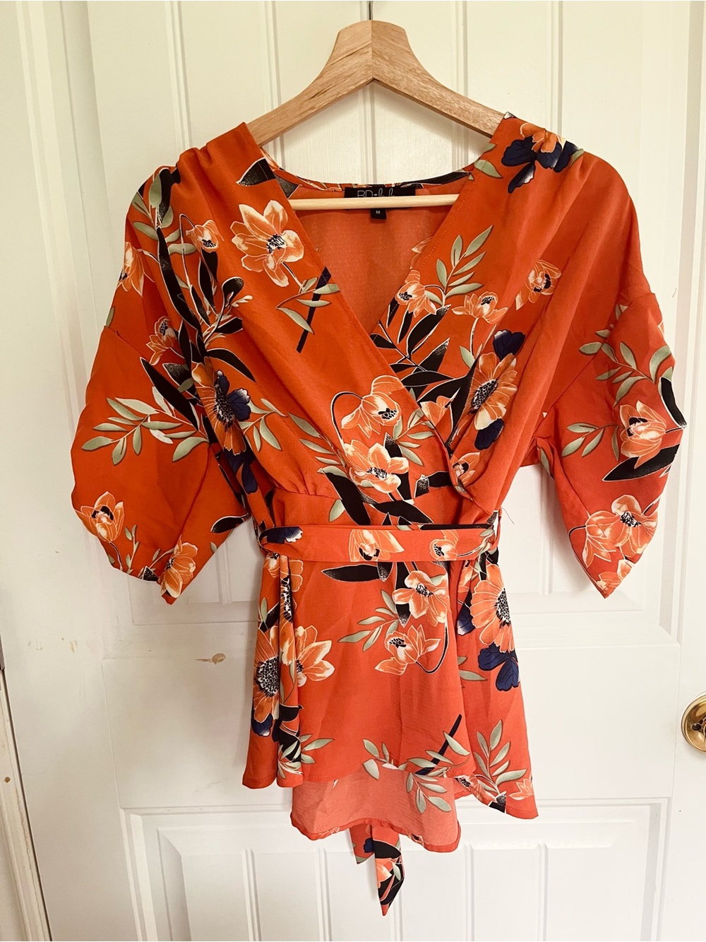 Tangerine Poppies Floral Wrap Top - with Tie,Orange
